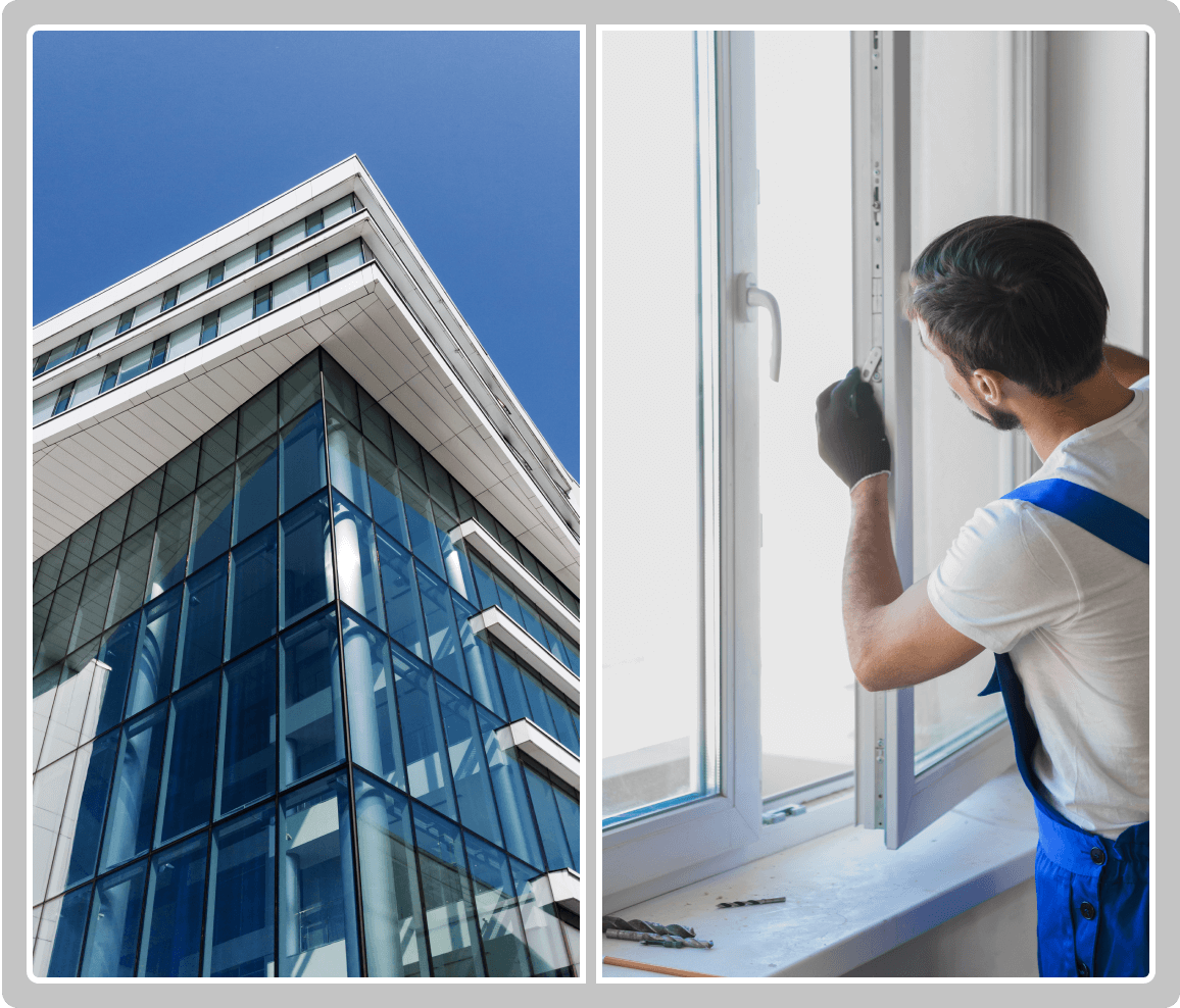 Left: Modern glass building against a clear blue sky. Right: Person in overalls and gloves installing or repairing a white window indoors.