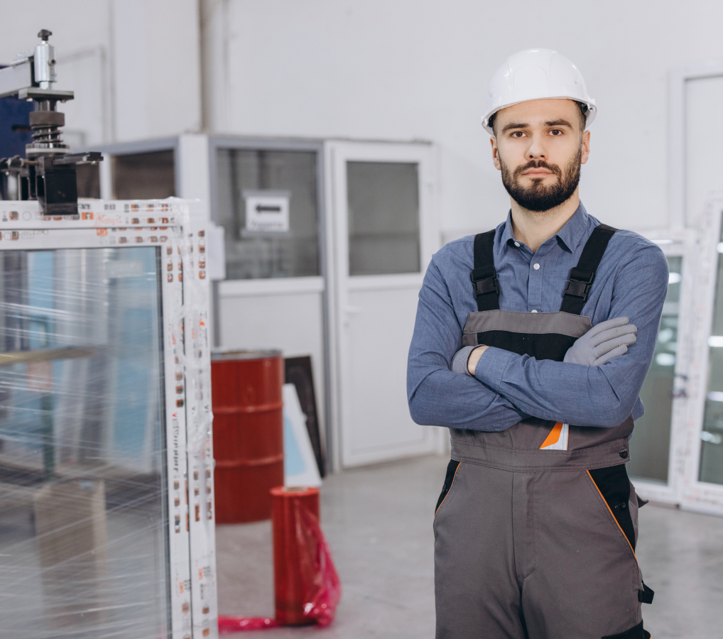 A man in a blue shirt and overalls, wearing a white hard hat, stands with arms crossed in a workshop with various equipment and materials in the background.