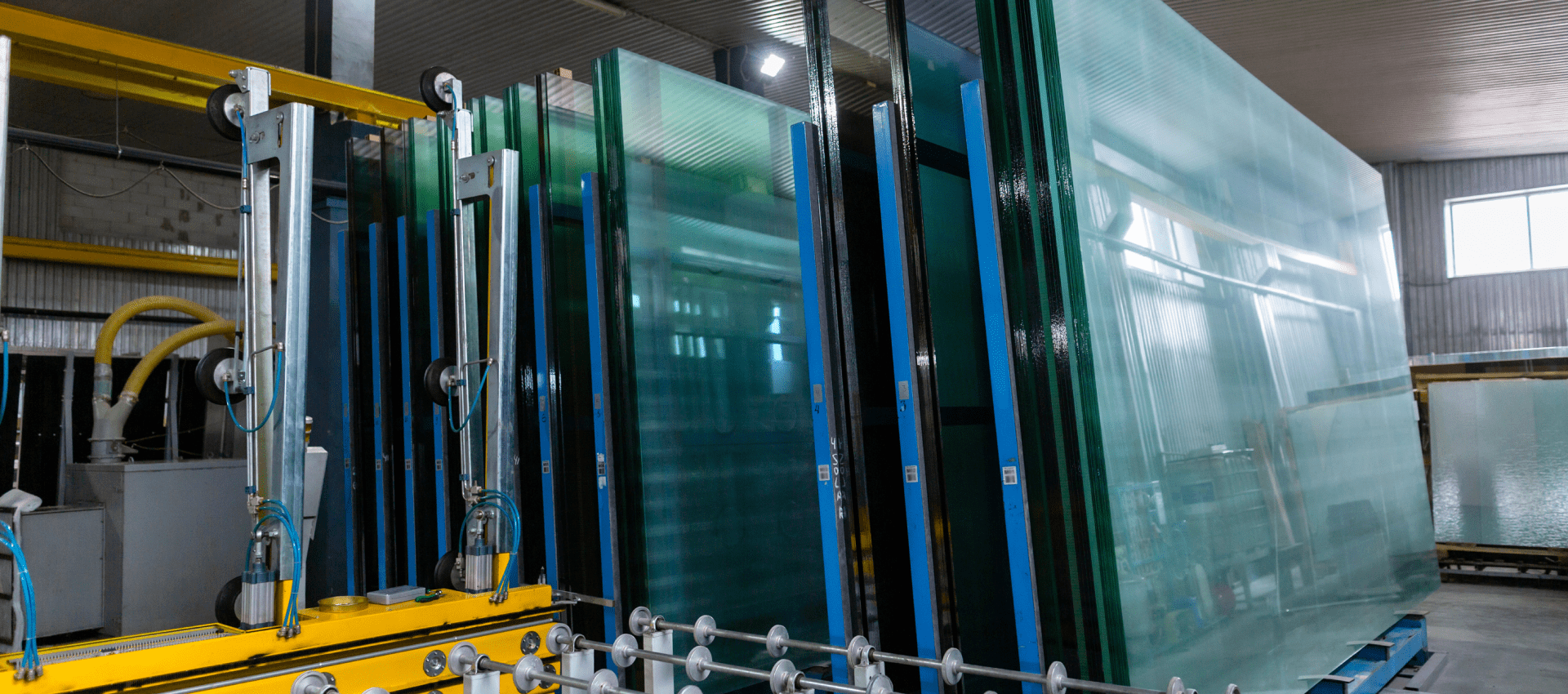 A glass factory with many different types of glass.