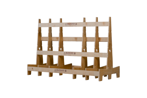 A wooden rack with three levels of racks.