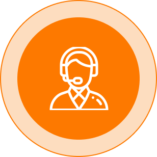 A person with headphones on in an orange circle.