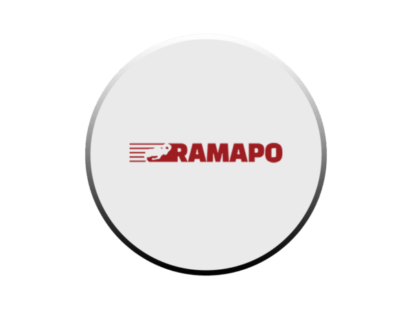 A white button with the word ramapo on it.